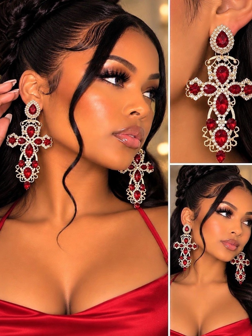 Red Rhinestone Cross Earrings Gold Tone Statement Dangle Drop Jewelry Womens
